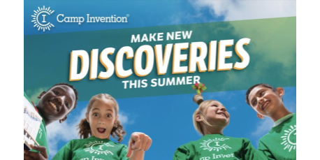 picture of four elementary-age students with the words "Camp Invention - Make New Discoveries This Summer"
