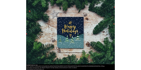 evergreen branches surround a greeting card cover that reads "Happy Holidays"