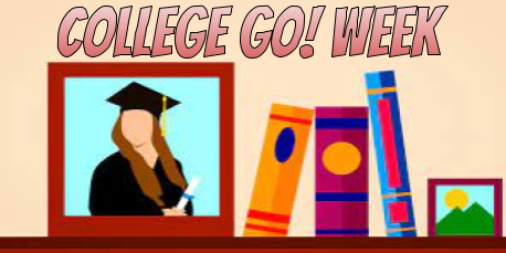a picture of a graduate in cap and gown sits beside three books with the words "College Go Week".