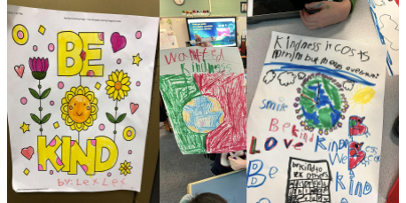 three kindness posters saying, "Be Kind", "Wanted:  Kindness", and "Kindness:  It Costs Nothing".