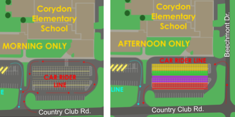 picture of the traffic flow for morning drop off and afternoon pick up at Corydon Elementary School