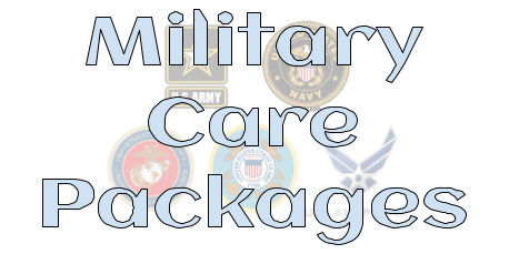 US military branch symbols with the words "military care packages"