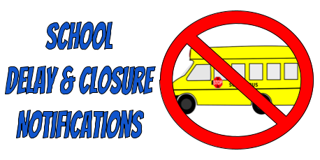school bus with a circle-slash over it and the words "school delay and closure notificaitons"