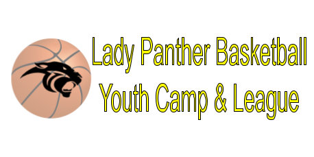 a basketball with a panther mascot superimposed on it with the words Lady Panther Basketball Youth Camp and League