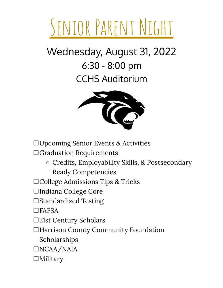 Seniors & Parents! Please join us for the Senior Parent Night at CCHS in the Auditorium from 6:30 - 8:00 pm.