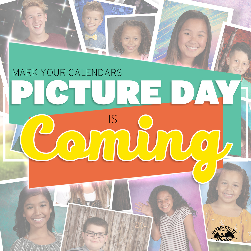 picture of a collage of school pictures with the words "Mark you calendars, picture day is coming."