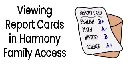 a report card with several subjects and grades listed with the words "Viewing Report Cards in Harmony Family Access"