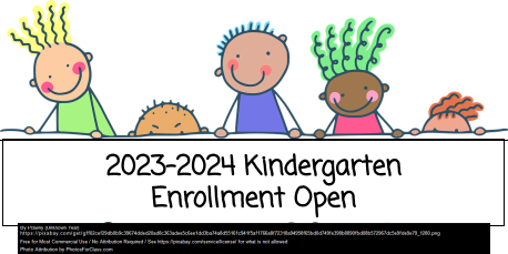 cartoon kids holding a banner that reads "2023-2024 Kindergarten Enrollment Open"