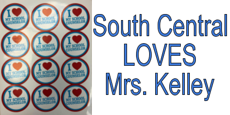 a series of 12 circular stickers with the words "I love my school counselor" next to the words "South Central LOVES Mrs. Kelley"