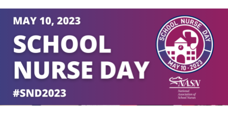 purple background with the words May 10, 2023, School Nurse Day #SND2023 with a school nurse day logo