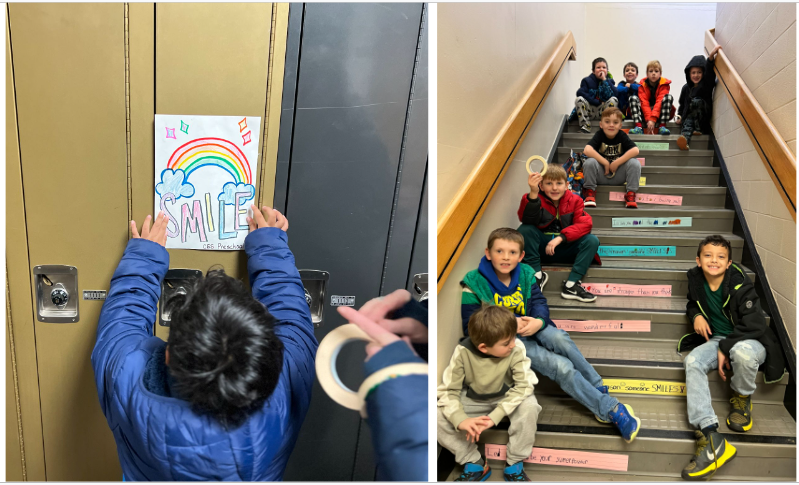 Students placed kindness messages on the student lockers and on the stairs.